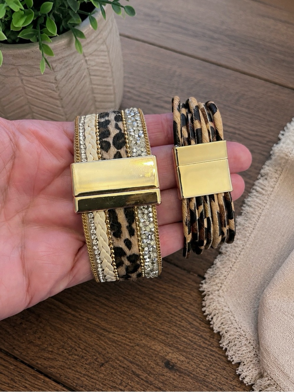 2 Leopard Print 7” Wrap Bracelets w/Gold accents